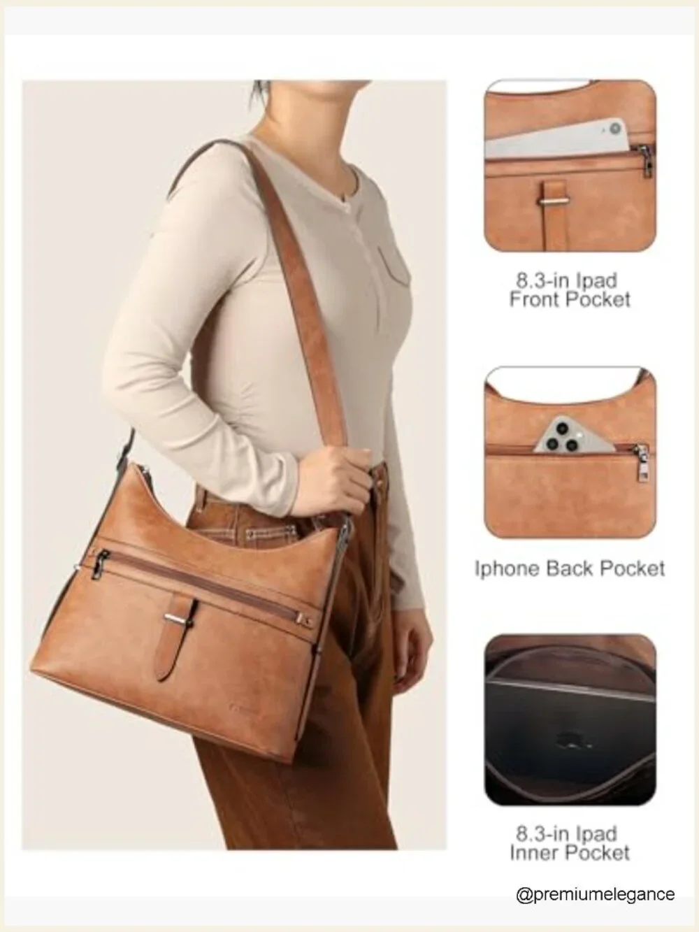 Designer Leather Crossbody Hobo Shoulder Bag with Adjustable Straps